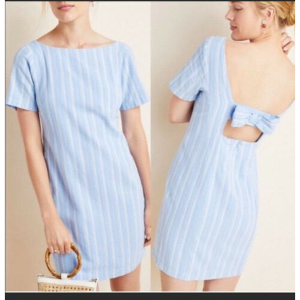 Anthropologie Linen Blend Striped Mini Shift Dress Size 12 Back Bow Zip Lined Bl